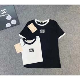 MIUMIU 2025 New Round Neck Contrast Color Letter Print Loose Short Sleeve T-shirt-2583  
